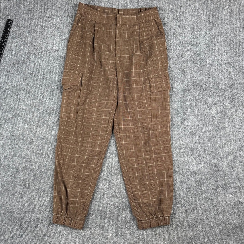 A New Day Jogger Pants Womens Size 8 Brown Plaid Cargo Elastic Waist Tapered Fit